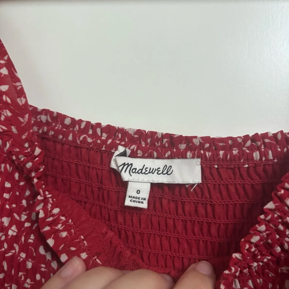 Madewell Red and White Puff Sleeve Smocked Blouse